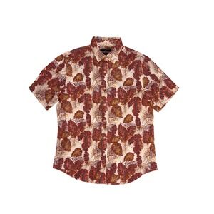 Banana Republic Linen Shirt Camp Mens Medium Red Hawaiian Floral Slim Fit